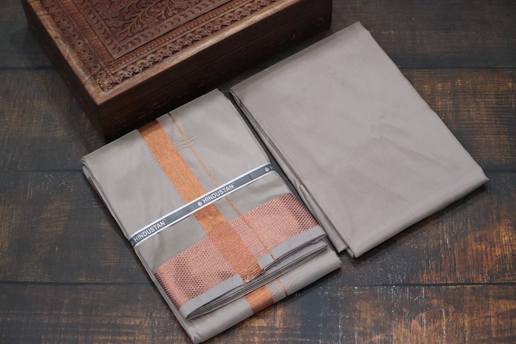 Artsilk Sandstone Shirt Material+100k Dhoti with Copper Border