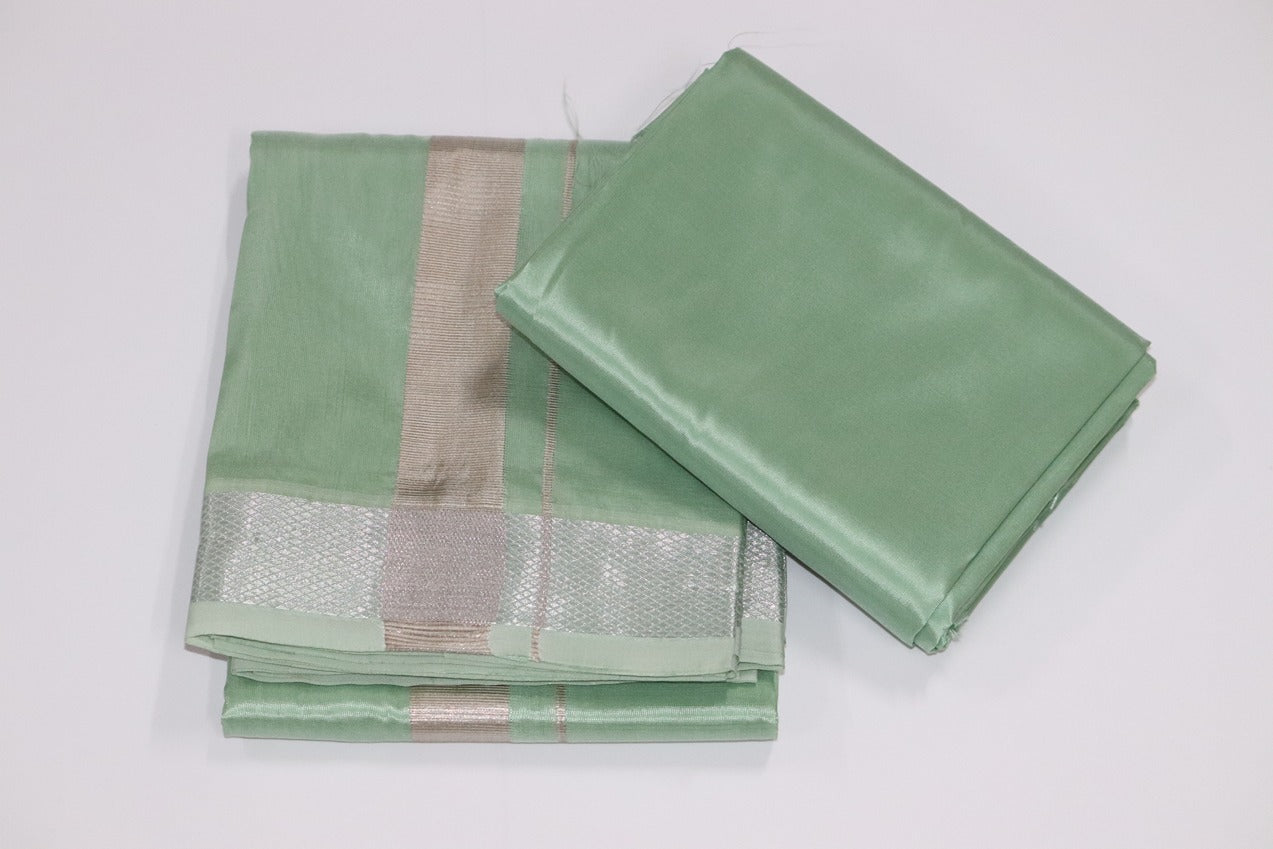 Artsilk Pista Green Combo Set (Shirt Fabric+Dhoti) with 100k Silver Border