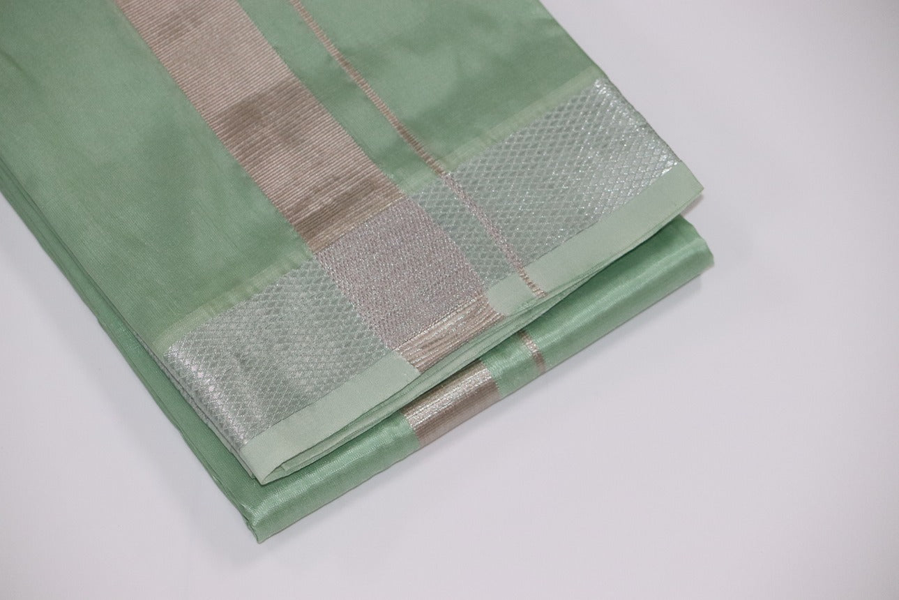 Artsilk Pista Green Combo Set (Shirt Fabric+Dhoti) with 100k Silver Border