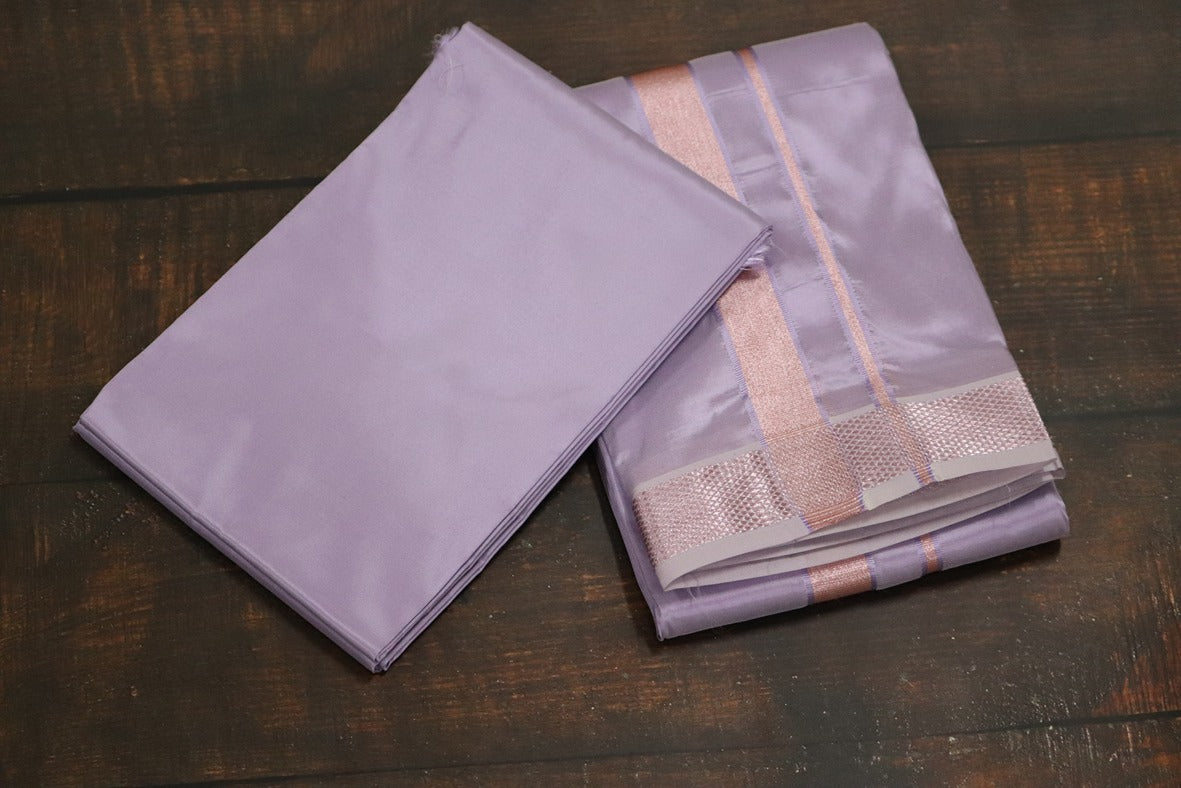 Artsilk Ultra Violet Combo Set (Shirt Fabric+Dhoti) with Onion Pink Silver Border