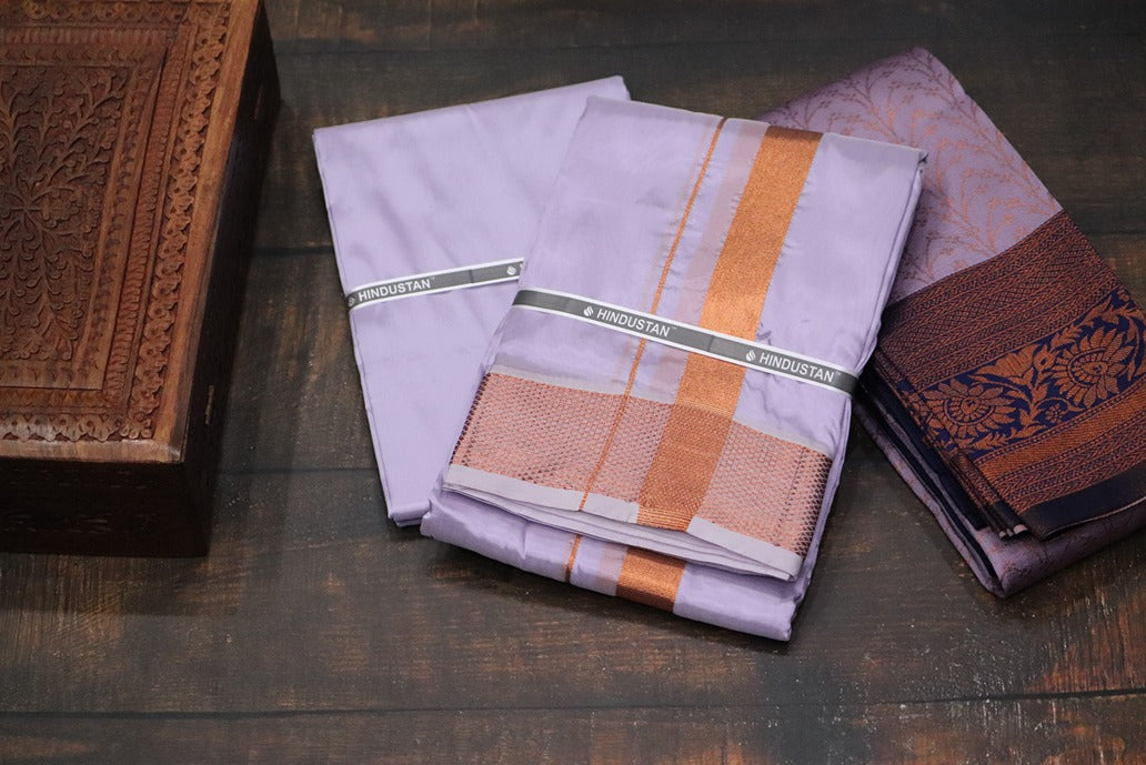 Raja Rani Artsilk Ultra Violet Shirt Material+100k Copper Border & Saree Combo