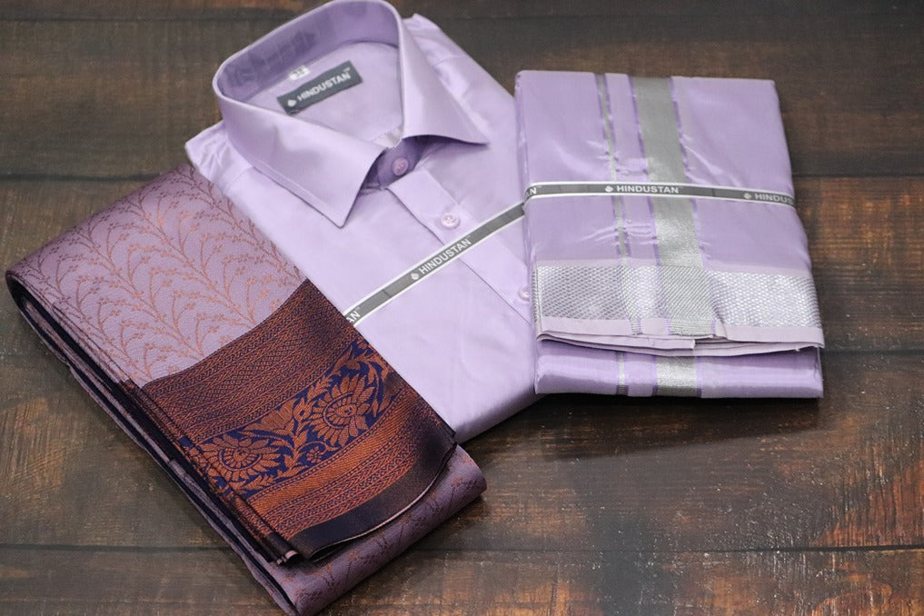 Raja Rani Artsilk Readymade Ultra Violet Shirt +70k Silver Border Matching Set & Saree Combo