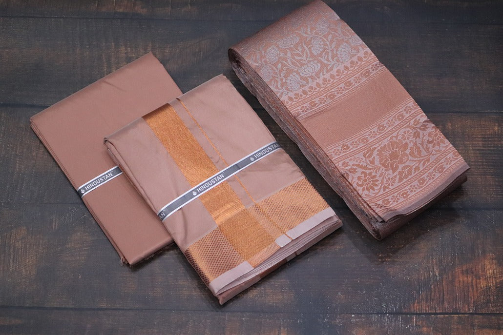 Raja Rani Artsilk Copper Shirt Material+100k Copper Border & Saree Combo