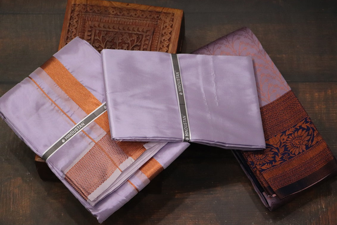 Raja Rani Artsilk Ultra Violet Shirt Material+100k Copper Border & Saree Combo