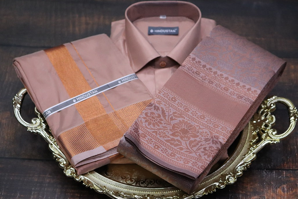 Raja Rani Artsilk Readymade Copper Shirt+100k Copper Border Matching Set & Saree Combo