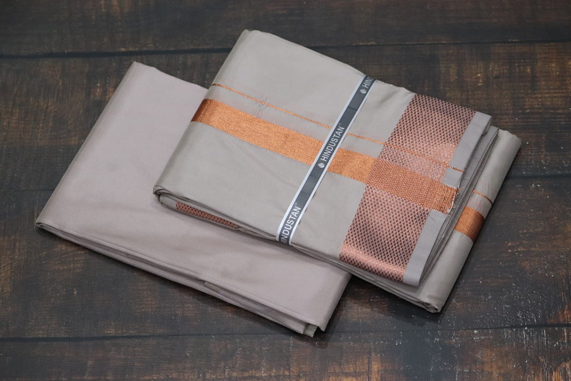 Artsilk Sandstone Shirt Material+100k Dhoti with Copper Border