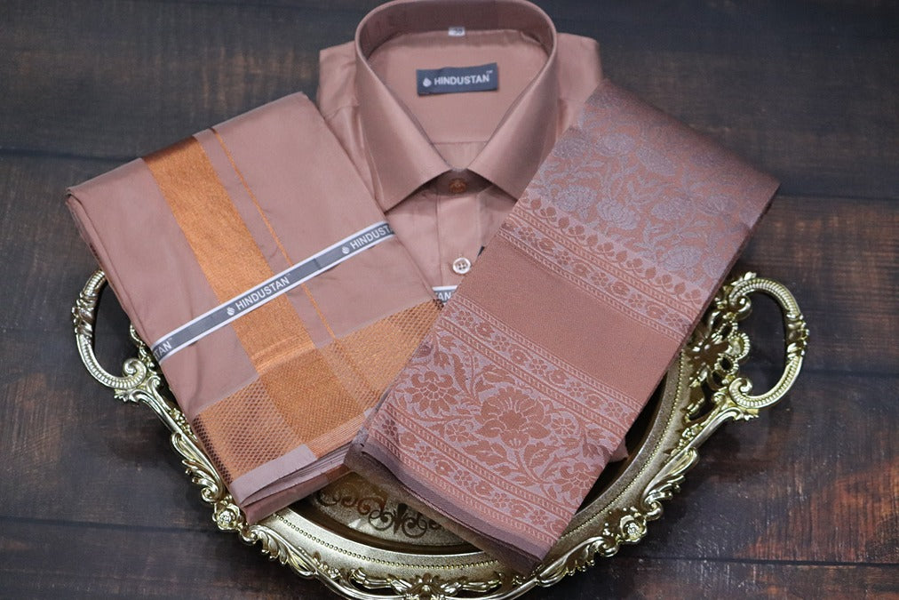Raja Rani Artsilk Readymade Copper Shirt+100k Copper Border Matching Set & Saree Combo