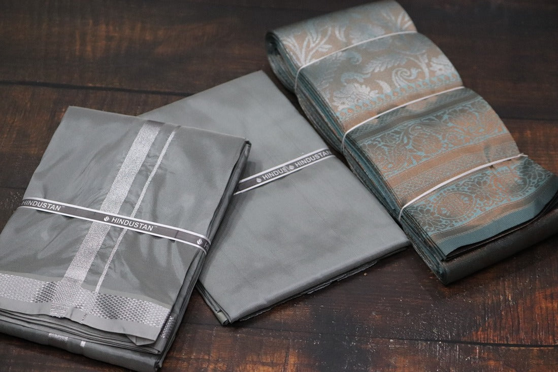 Raja Rani Artsilk Steel Grey Shirt Material+50k Silver Border & Saree Combo