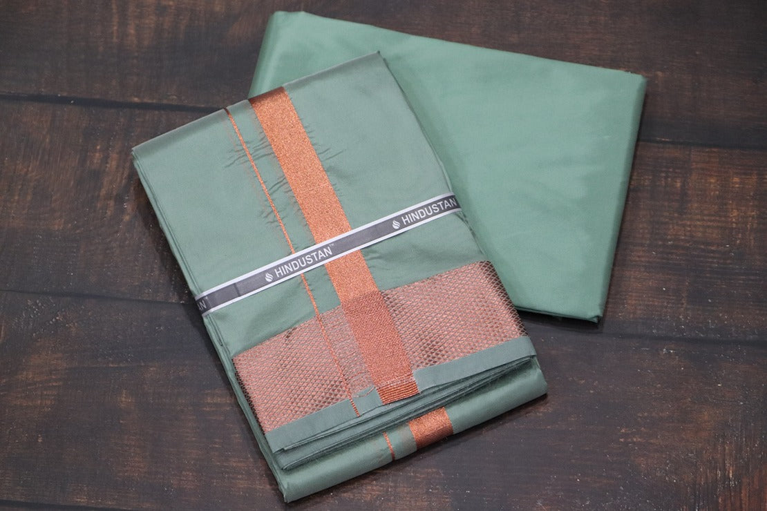 Artsilk Hunter Green Shirt Material+ 100k Dhoti with Copper Border