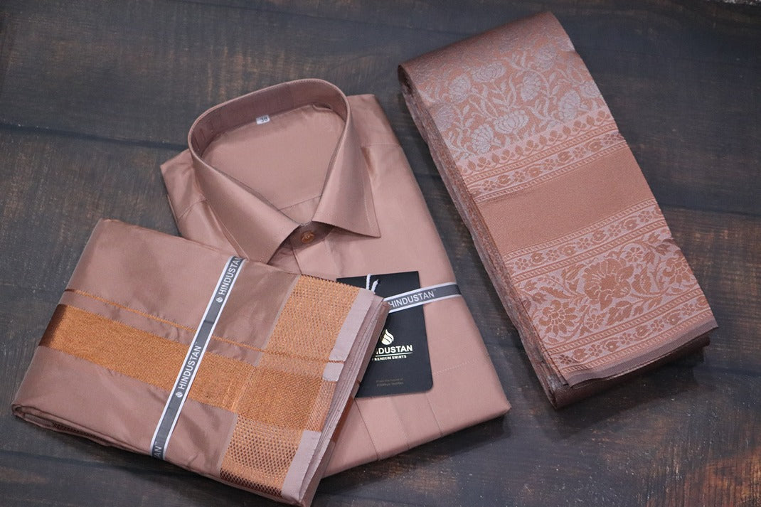 Raja Rani Artsilk Readymade Copper Shirt+100k Copper Border Matching Set & Saree Combo