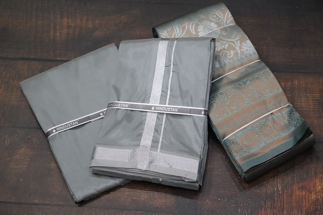 Raja Rani Artsilk Steel Grey Shirt Material+50k Silver Border & Saree Combo