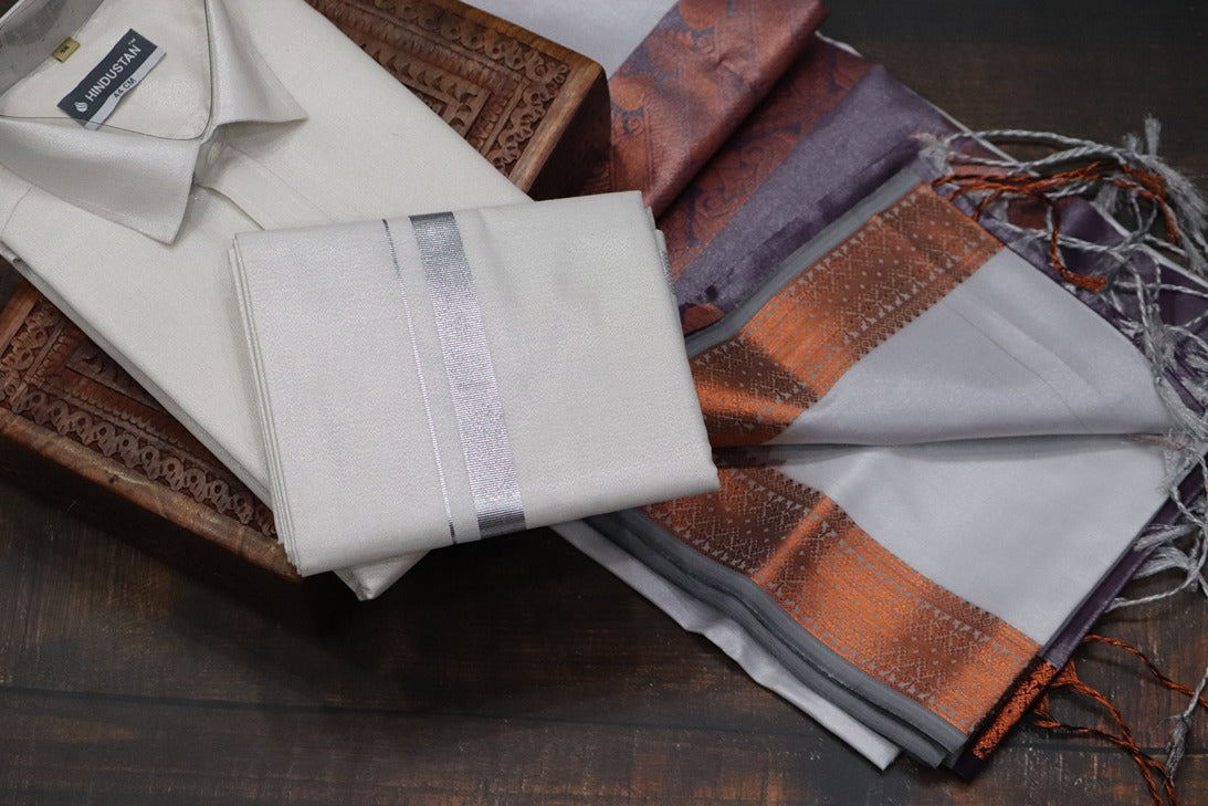 Raja Rani Readymade Tissue Silver Matching Set & Saree Combo
