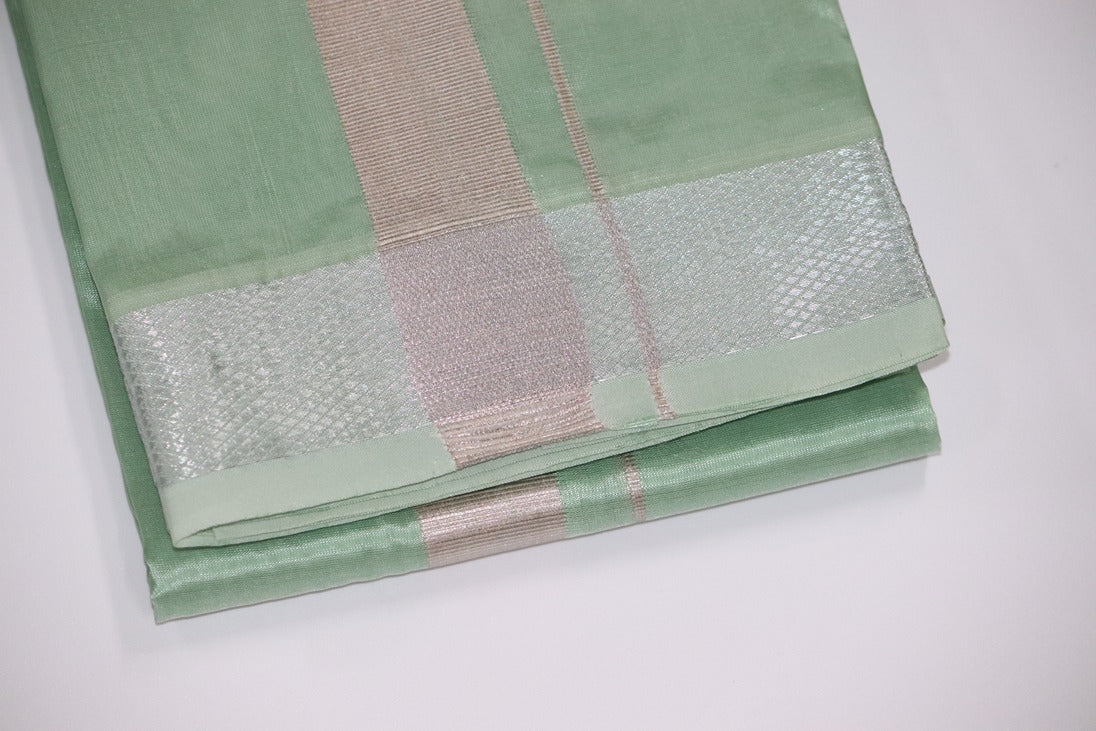 Artsilk Pista Green Combo Set (Shirt Fabric+Dhoti) with 100k Silver Border