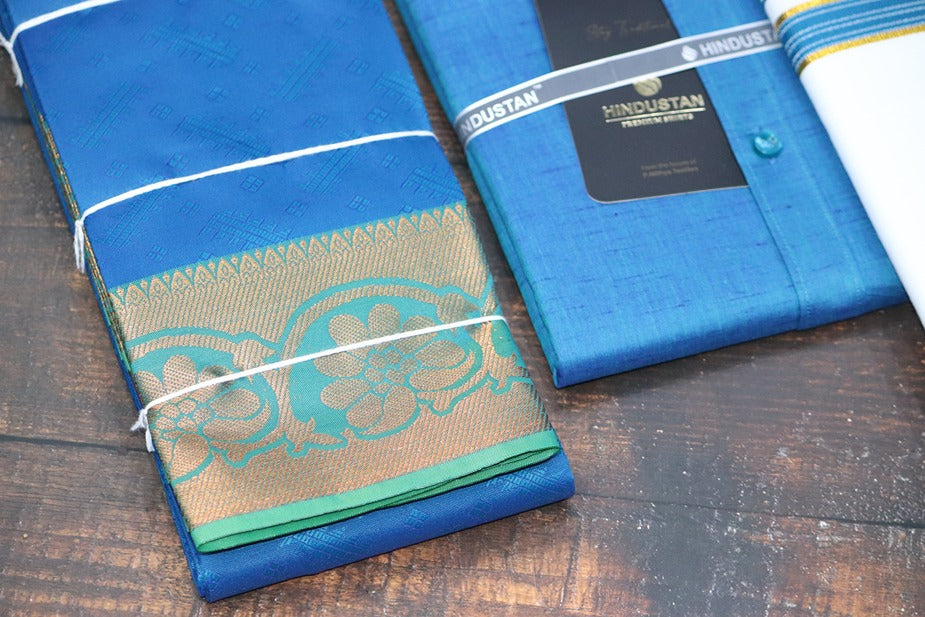 Raja Rani Matching Peacock Blue Set & Saree Combo