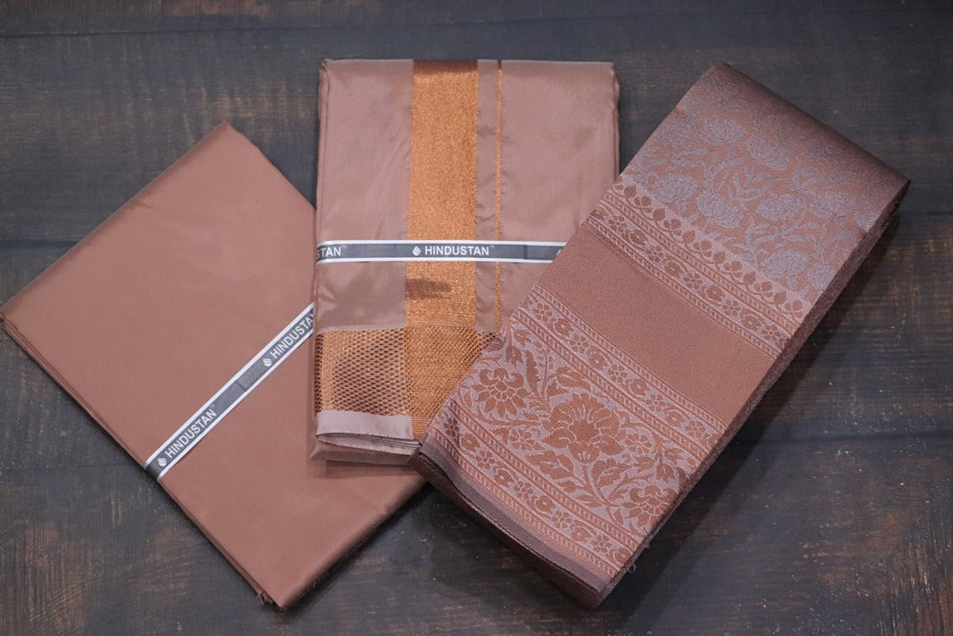 Raja Rani Artsilk Copper Shirt Material+100k Copper Border & Saree Combo