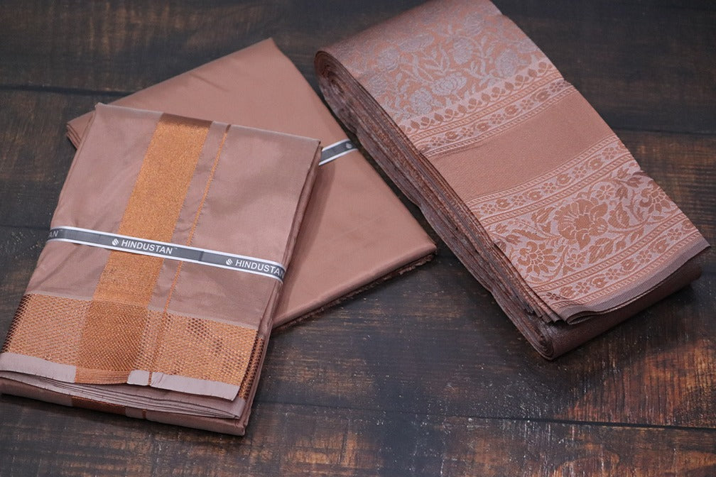 Raja Rani Artsilk Copper Shirt Material+100k Copper Border & Saree Combo