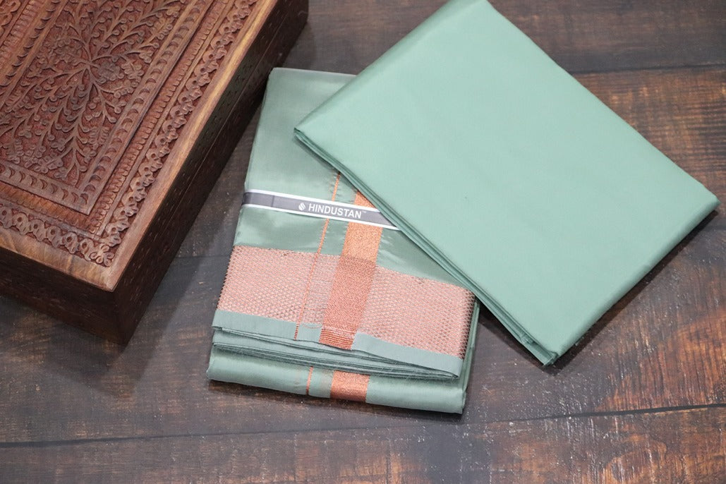 Artsilk Hunter Green Shirt Material+ 100k Dhoti with Copper Border