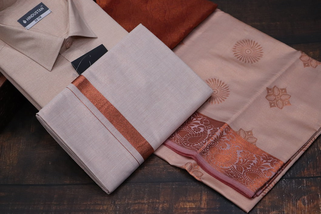 Raja Rani Readymade Tissue Copper Matching Set + Saree Combo