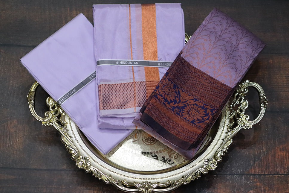 Raja Rani Artsilk Ultra Violet Shirt Material+100k Copper Border & Saree Combo