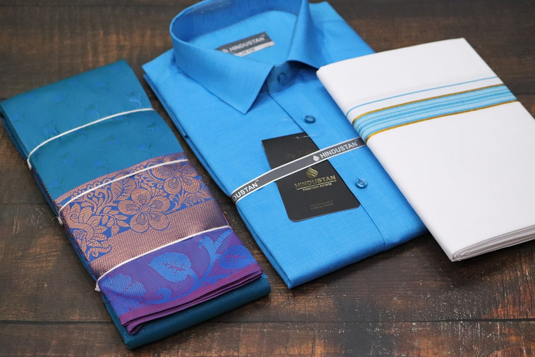 Raja Rani Marine Blue Matching Set + Saree Combo
