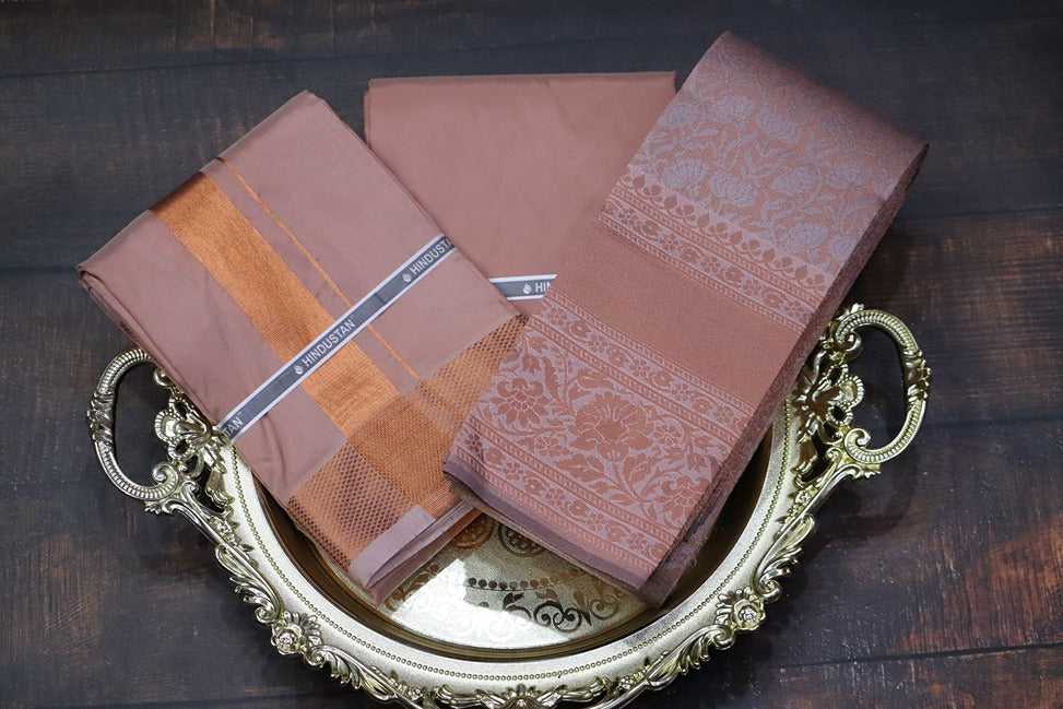 Raja Rani Artsilk Copper Shirt Material+100k Copper Border & Saree Combo