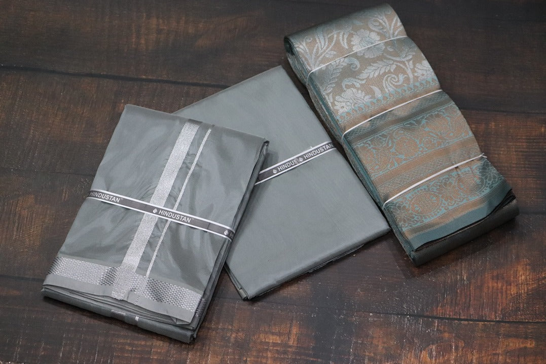Raja Rani Artsilk Steel Grey Shirt Material+50k Silver Border & Saree Combo