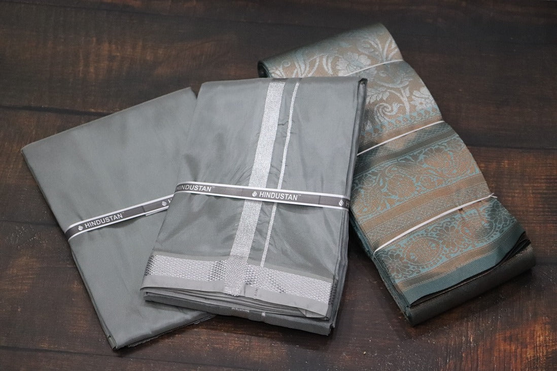 Raja Rani Artsilk Steel Grey Shirt Material+50k Silver Border & Saree Combo