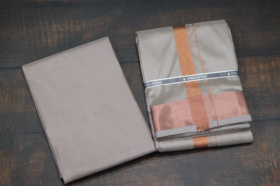 Artsilk Sandstone Shirt Material+100k Dhoti with Copper Border