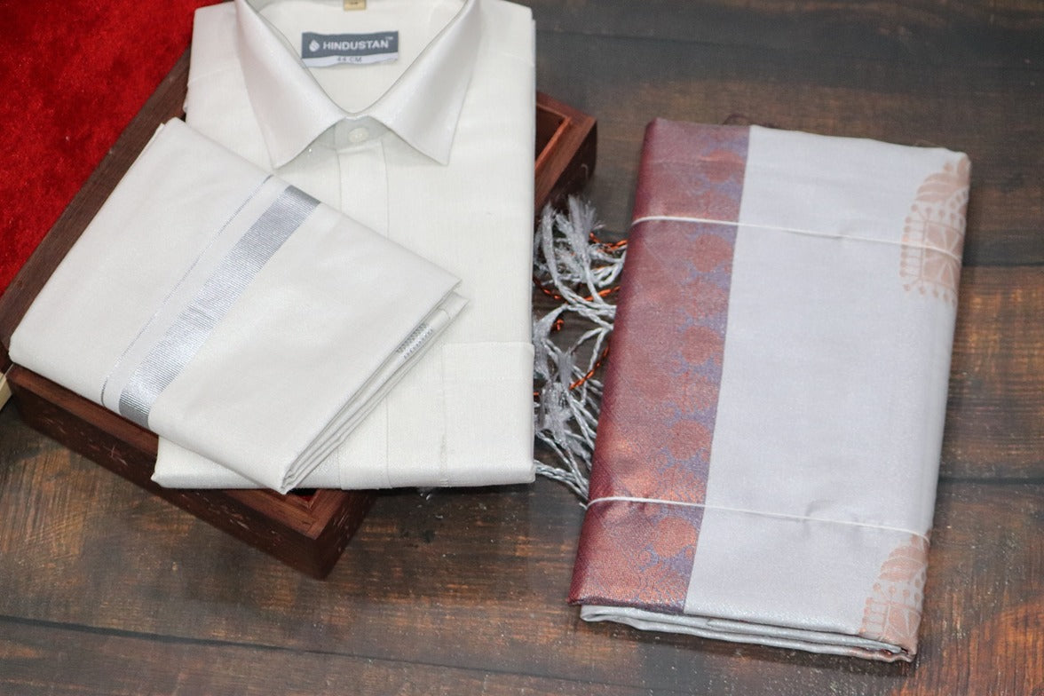 Raja Rani Readymade Tissue Silver Matching Set & Saree Combo
