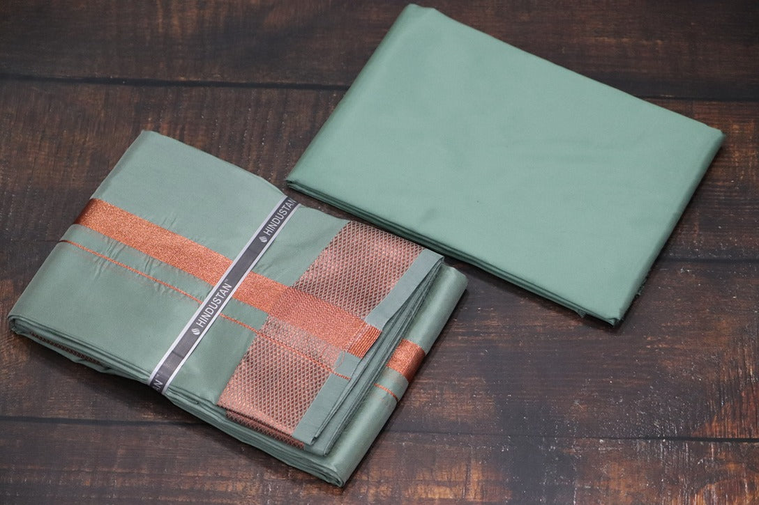 Artsilk Hunter Green Shirt Material+ 100k Dhoti with Copper Border