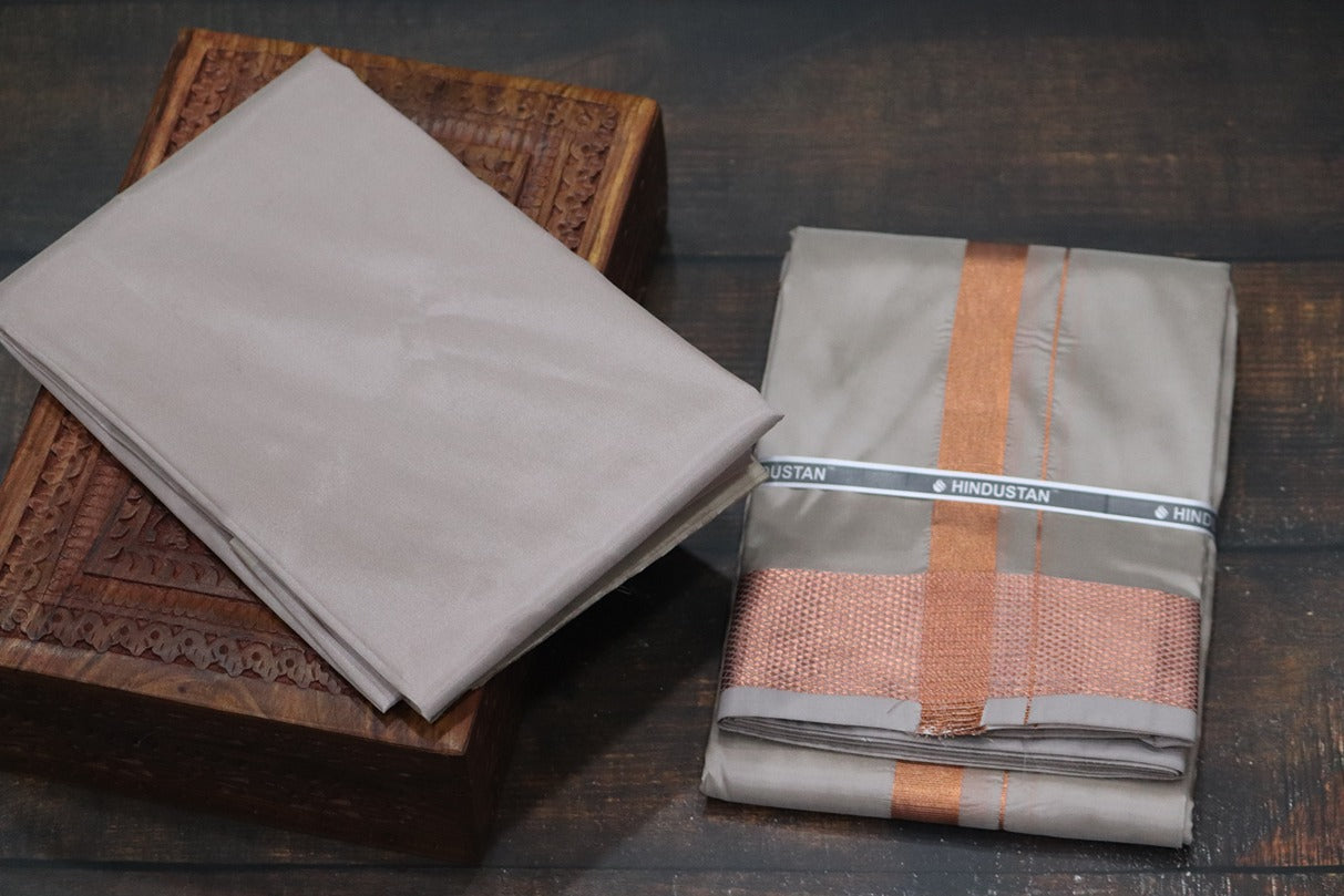 Artsilk Sandstone Shirt Material+100k Dhoti with Copper Border
