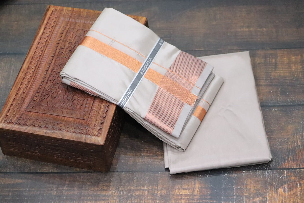 Artsilk Sandstone Shirt Material+100k Dhoti with Copper Border