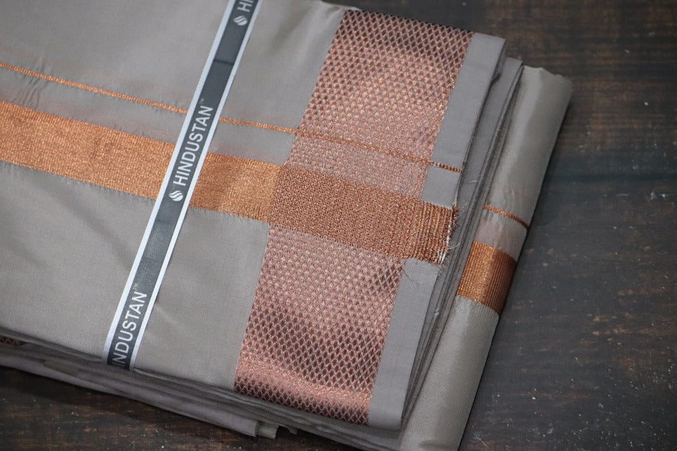 Artsilk Sandstone Shirt Material+100k Dhoti with Copper Border