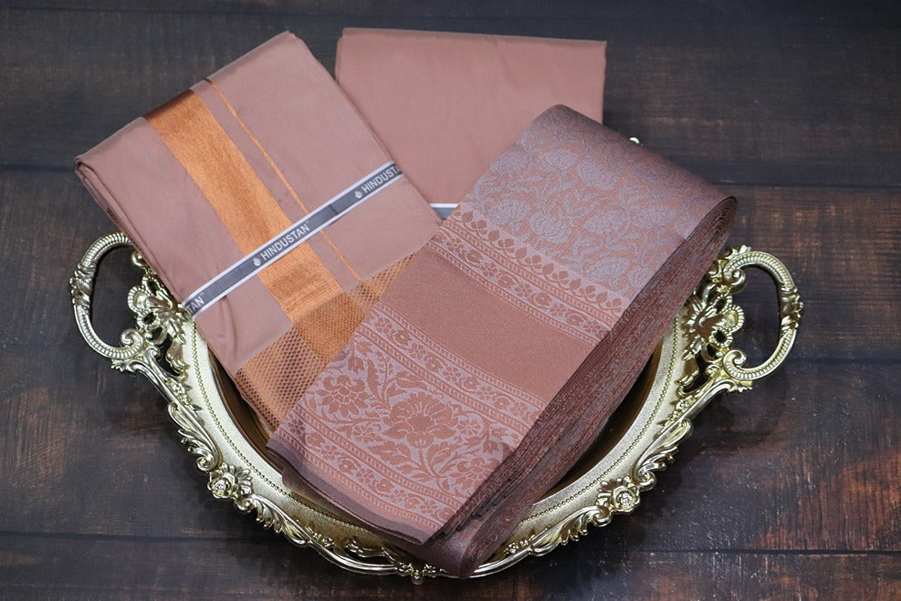 Raja Rani Artsilk Copper Shirt Material+100k Copper Border & Saree Combo