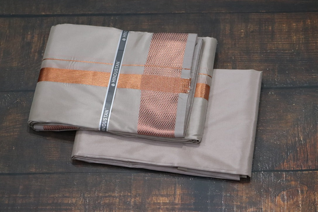 Artsilk Sandstone Shirt Material+100k Dhoti with Copper Border