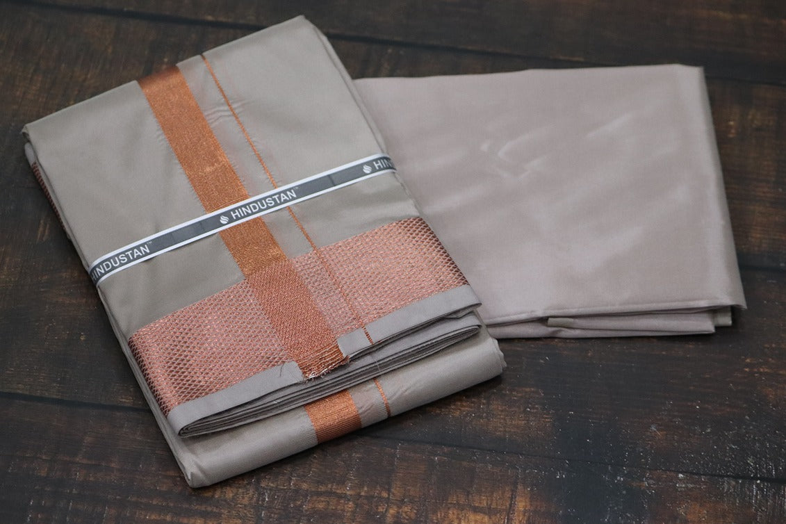 Artsilk Sandstone Shirt Material+100k Dhoti with Copper Border