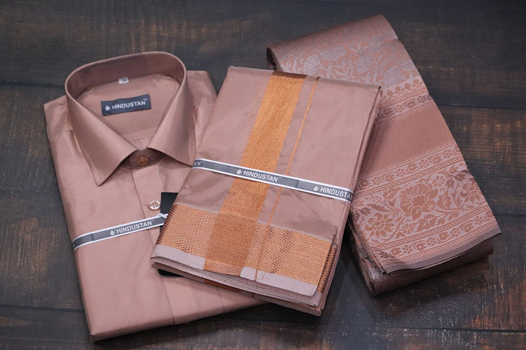 Raja Rani Artsilk Readymade Copper Shirt+100k Copper Border Matching Set & Saree Combo