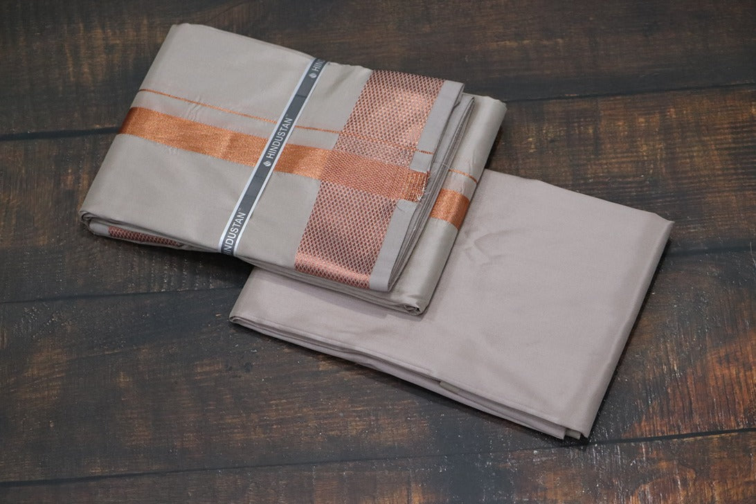 Artsilk Sandstone Shirt Material+100k Dhoti with Copper Border