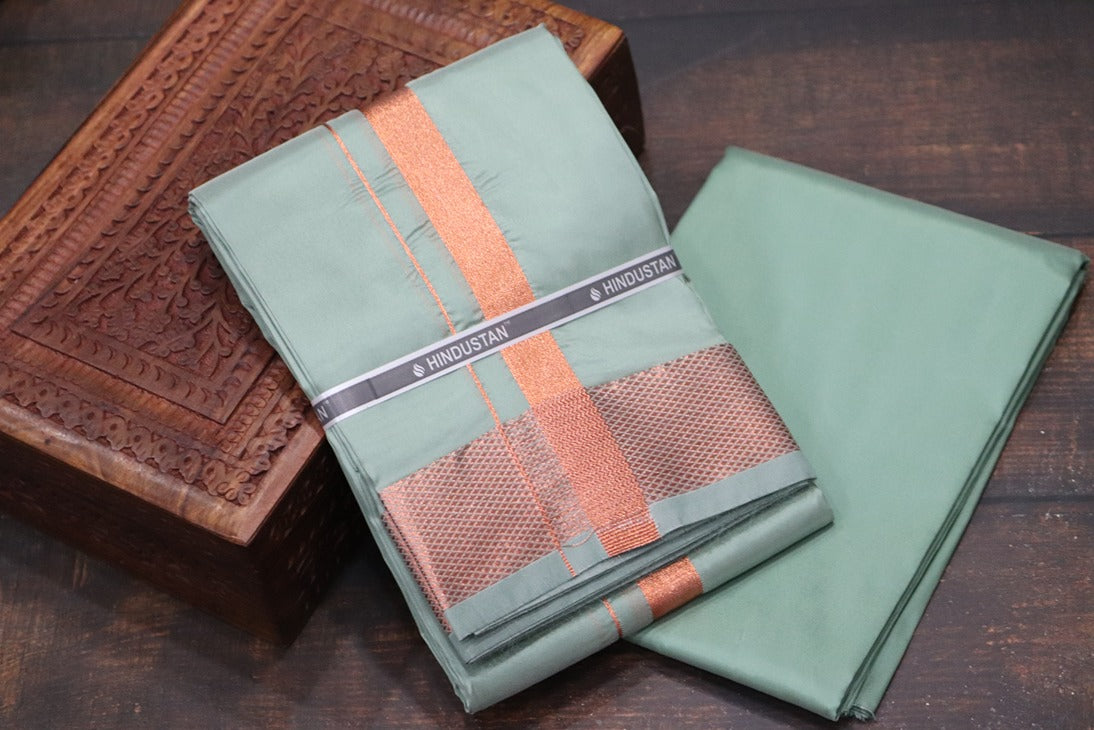 Artsilk Hunter Green Shirt Material+ 100k Dhoti with Copper Border