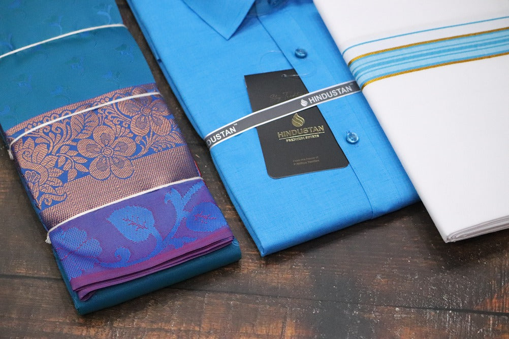 Raja Rani Marine Blue Matching Set + Saree Combo