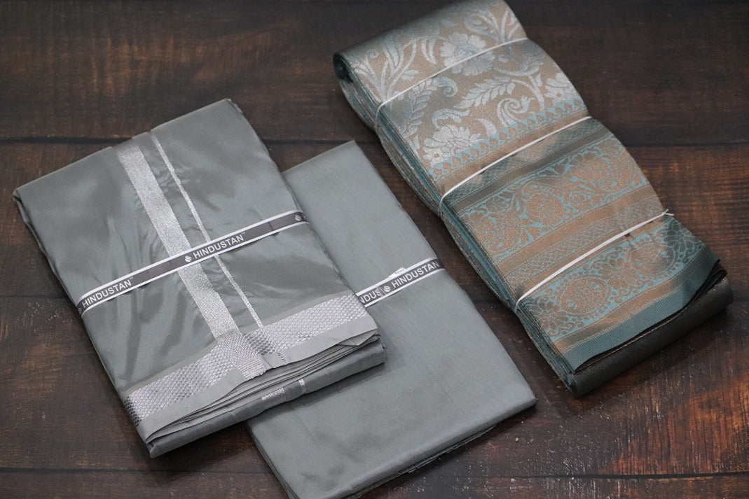 Raja Rani Artsilk Steel Grey Shirt Material+50k Silver Border & Saree Combo