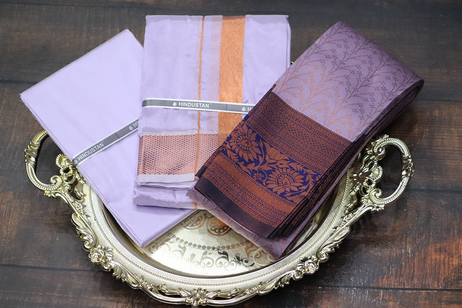 Raja Rani Artsilk Ultra Violet Shirt Material+100k Copper Border & Saree Combo