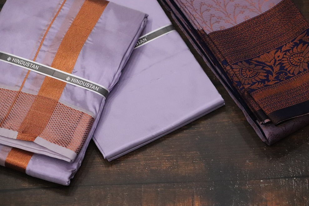 Raja Rani Artsilk Ultra Violet Shirt Material+100k Copper Border & Saree Combo