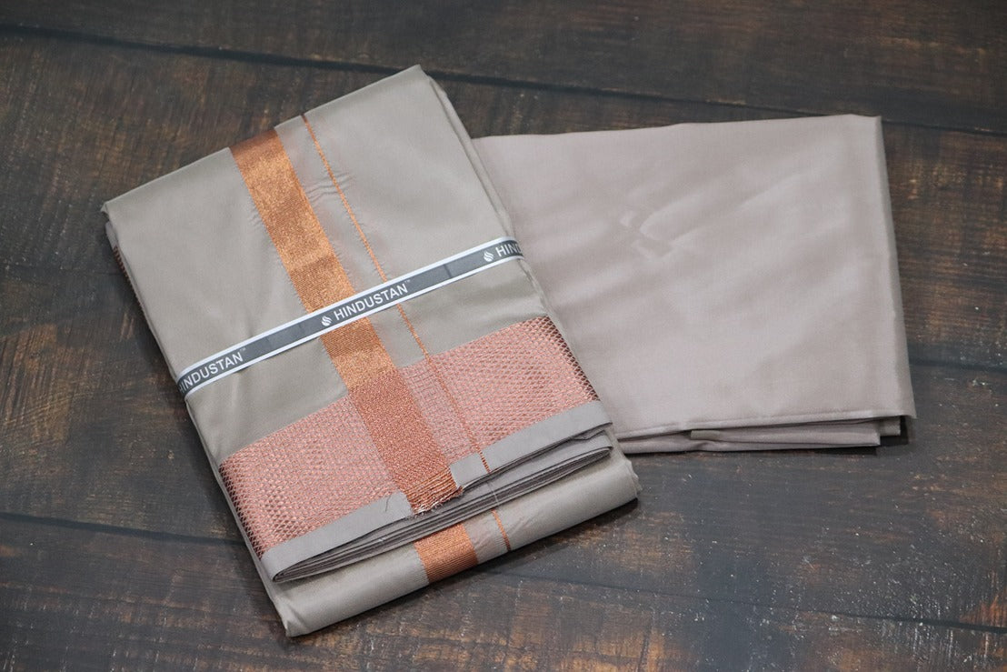 Artsilk Sandstone Shirt Material+100k Dhoti with Copper Border