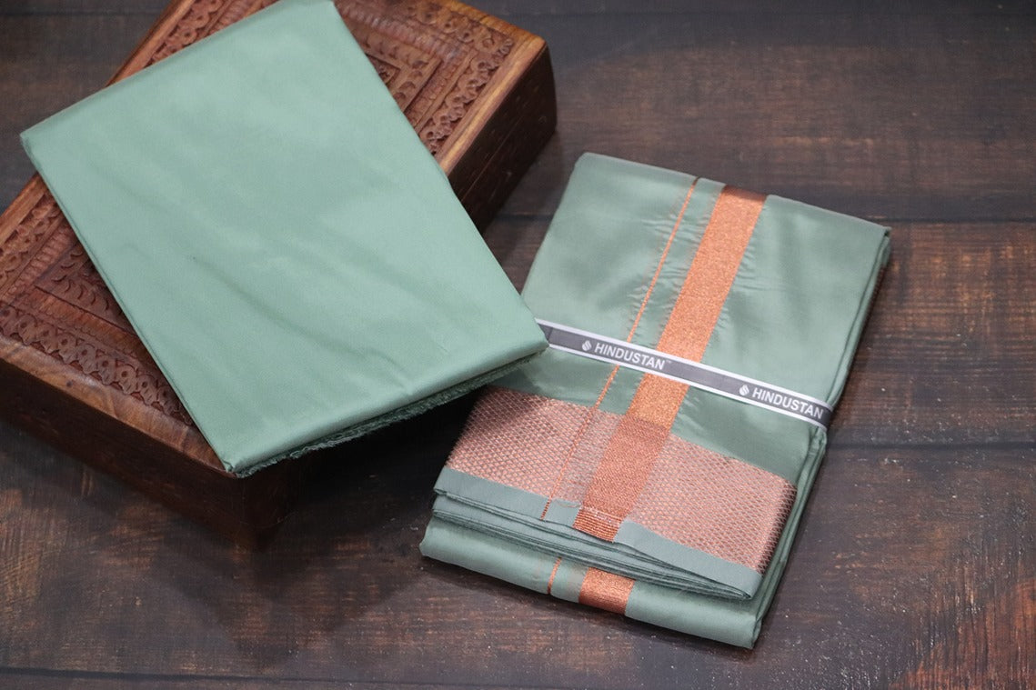 Artsilk Hunter Green Shirt Material+ 100k Dhoti with Copper Border